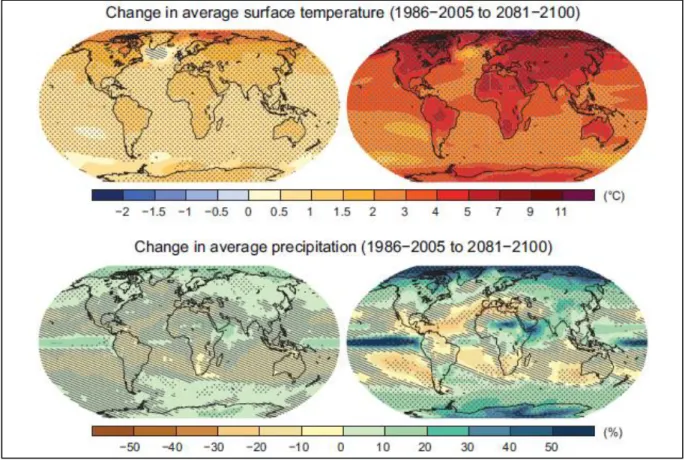 Figura 1.4  Variazione della temperatura superficiale media annuale e variazione media percentuale delle  precipitazioni medie annuali, cambiamenti rispetto al periodo 1986-2005 e 2081-2100 (IPCC 2013) 