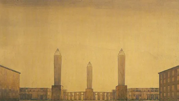 Fig. 2. Progetto di un ingresso monumentale alla Fiera  di Milano, concorso, 1926, matita e acquarello e su  carta, cm 89,8x151,4 cm.