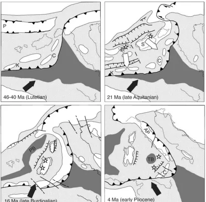 Figura 2.1. Ricostruzione degli stadi paleocinematici del blocco sardo-corso e della Calabria