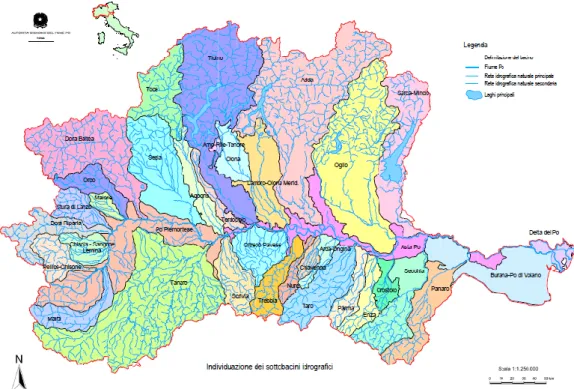 Figura 2.1 Bacino idrografico del fiume Po, con indicazione delle reti idrografiche principali e  secondarie ed individuazione dei sottobacini idrografici (AdBPo 2006)  
