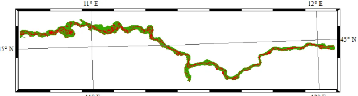 Figura 3.6 Raster ottenuto attraverso l’operazione di sottrazione fra i due DTM (SRTM-LiDAR), la  rappresentazione utilizza i colori rosso e verde rispettivamente per valori assunti dai digital number  positivi e negativi