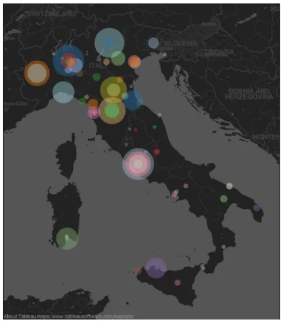 Figura 2: Illustrazione enti che possiedono un portale open per i dati in Italia.  Maggiore è il raggio del cerchio, maggiore è il numero di dataset pubblicati