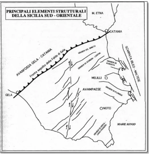 Fig. 9. I principali lineamenti strutturali dell’altopiano Ibleo (Cavallaro, 1998). 