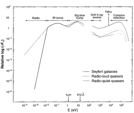 Figure 1.1: Scheme of an AGN continuum spectrum in diﬀerent types of AGN. One of the first distinguishing observational properties of AGN is the presence of redshifted, time variable intensity emission lines with Doppler widths of order of 10 3 to a few of