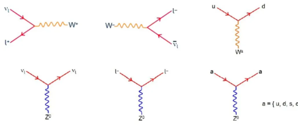 Figure 1.3: Fundamental vertexes of the weak interaction in both charged current CC (top) and neutral current (bottom).
