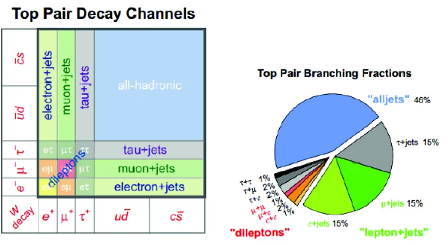 Figure 1.10: Top pair decay channels (right) and the corresponding branching-ratios (left).
