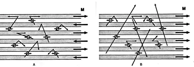Figura  1.4:  La  spiegazione  della  GMR  in  funzione  del  differente  scattering  di  spin
