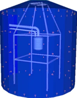 Figura 2.8: Rappresentazione schematica della water tank con gli 84 PMT del muon veto