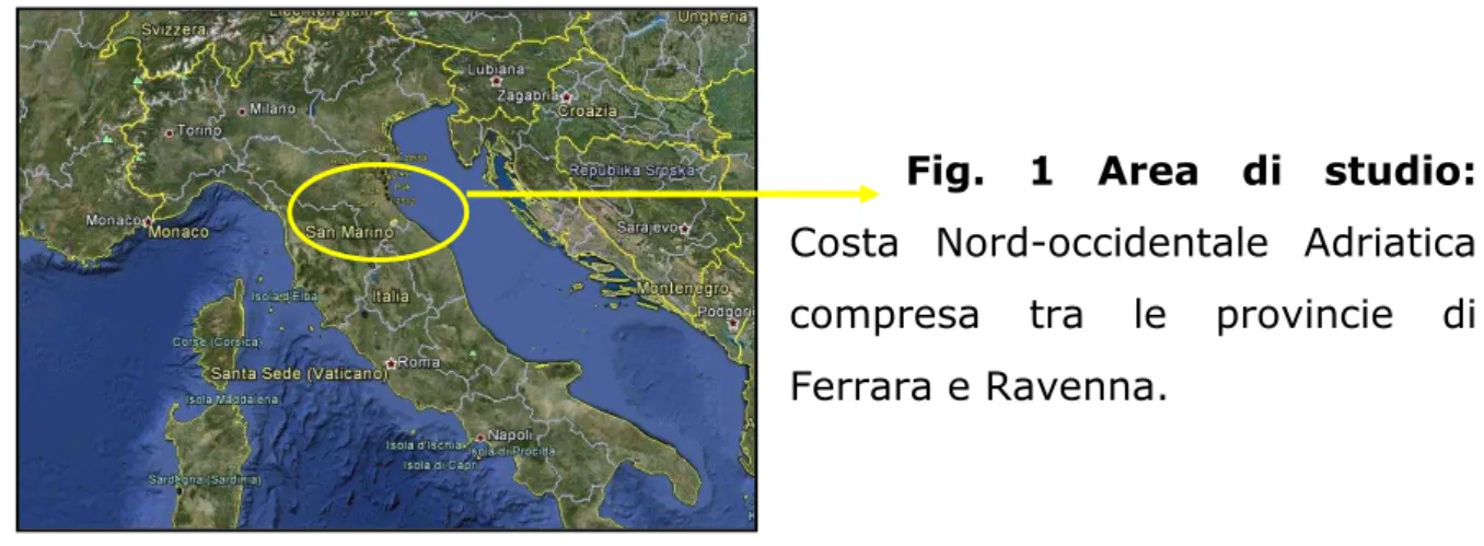 Fig.  1  Area  di  studio:  Costa  Nord-occidentale  Adriatica  compresa  tra  le  provincie  di  Ferrara e Ravenna.