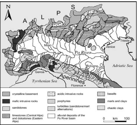 Fig. 4 Mappa schema litologico del bacino di drenaggio del fiume Po 