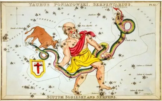 Figura  2.4:  Stampa  da  una  raccolta  del  1825  con  la  raffigurazione  di  Ophiuco  che  tiene  il  serpente