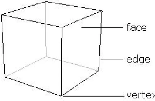 Figura 2.3: Un cubo con in evidenza facce, spigoli e vertici. [, Immagine presa dal sito plus.math.org]