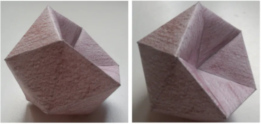 Figura 3.9: Immagini di icosaedro perforato [, Modellino di carta costruito da Carlotta Baccolini]