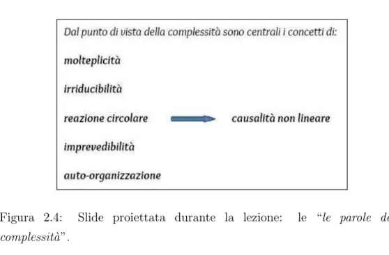 Figura 2.4: Slide proiettata durante la lezione: le “le parole della complessit` a”.