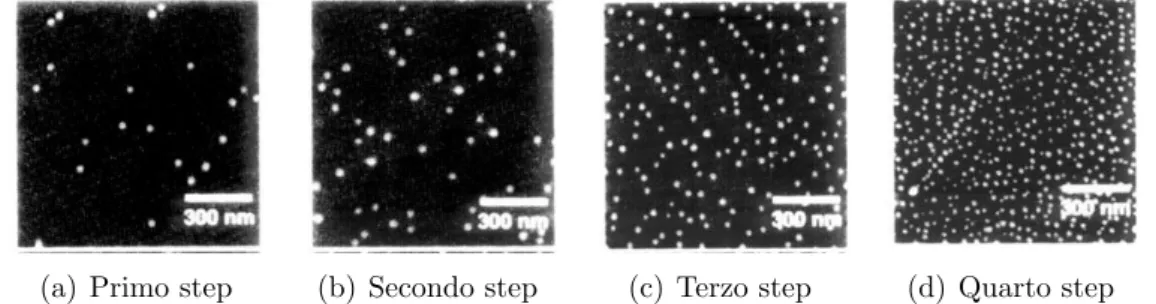 Figura 1.3: Esempio di crescita di nanoparticelle. Immagini ottenute con AFM (Microscopio a forza atomica)[1]