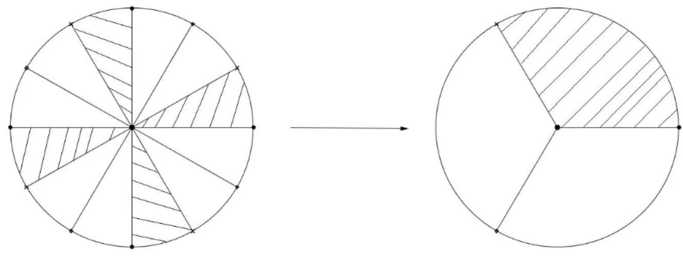 Figura 2.3: Sollevamento di una triangolazione del disco con il rivestimento ramicato z 7−→ z 4 .