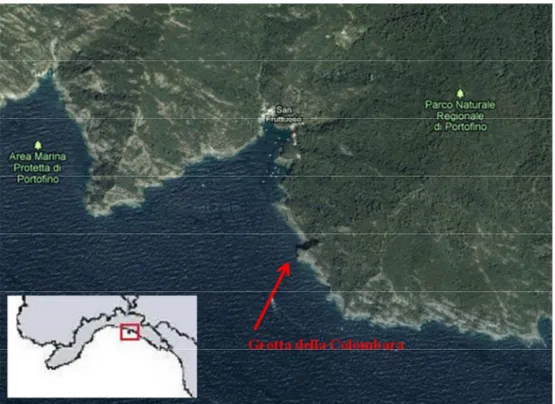 Figura 3: mappa dell’area di studio: in rosso viene indicata la posizione approssimativa della grotta