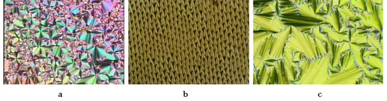 Figure 5: (a,b) Focal-conic fan texture of a chiral smectic A liquid crystal (courtesy of Chandrasekhar S., Krishna Prasad and Gita Nair) (c) Focal-conic fan texture of a chiral smectic C liquid crystal