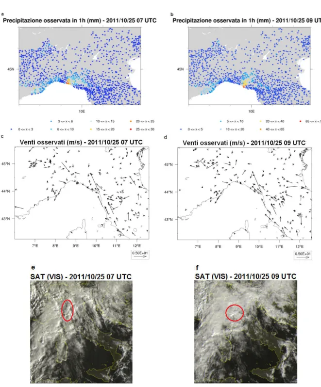Figura 30: Mappe di evoluzione nel tempo della precipitazione (a-b) e (c-d) del campo di vento osservati al suolo (Fonte: ARPAL), e (e-f) immagini dal satellite MSG nel visibile, riferite alle ore 07 UTC e alle ore 09 UTC del 25 ottobre 2011 (Fonte: www.sa