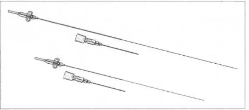 Figura 1.2 Catetere corto per arteria radiale e lungo per arteria femorale:  all’interno una guida retta e a fianco l’ago introduttore [7] 