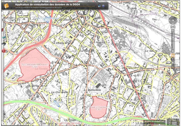 Figura  13 - Visualizzazione su  mappe tematiche del perimetro delle discariche  minerarie (nella figura è  rappresentata  l’area  della  vecchia  miniere  di  carbone  di  Marcinelle,  a  Charleroi)  (da  sito:  http://webgisdgo4.spw.wallonie.be/viewer/#)