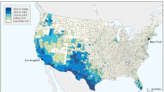 Fig. 2. La figura indica la percentuale degli ispanici, presenti negli Stati Uniti, in base alla popolazione  totale