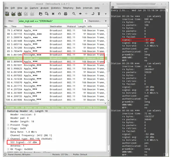 Figura 6.1: Monitoraggio del traffico di pacchetti beacon in una rete ad-hoc