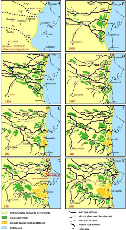 Figura 2.3 – Evoluzione geomorfologica dell’area di studio a partire dall’ultima massima trasgressione (5.500 anni  fa) fino al XVIII secolo d.C