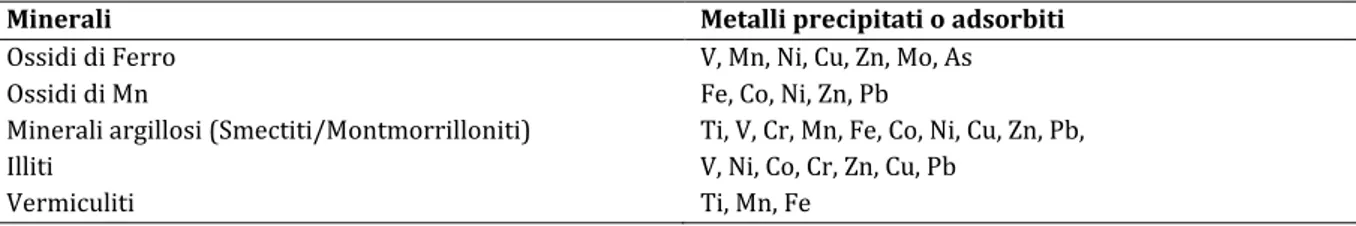 Tabella  2.3  -  Metalli  potenzialmente  tossici  che  si  trovano  normalmente  in  minerali  secondari  oppure  in  forme  amorfe  in  suoli/sedimenti (da Sposito, 1983, modificata)