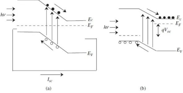 Figure 1.1: Energy band diagrams of illuminated p-n junction in the short-circuited (a) and open-circuited configuration (b), from [Sog06].