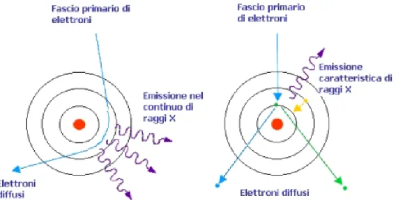 Figura 1.3: Schema di produzione dei raggi X: bremmsstrahlung (sx) e radiazione caratteristica (dx)