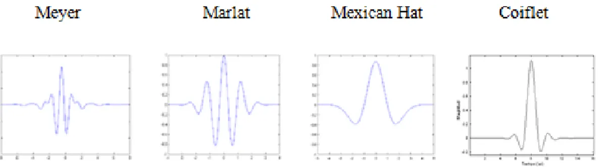 Figura 2.1: quattro delle principali onde madre utilizzate nella analisi wavelet(da sinistra  a destra): Meyer, Marlet, Mexican hat, Coiflet  ( Francisco Santamaría(  Uso de la 