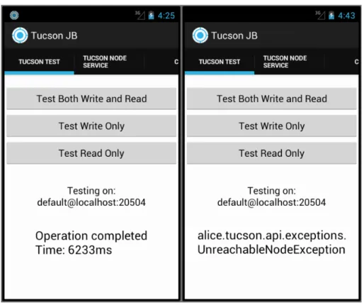 Figura 4.2: Nello screen il fragment relativo al tester TuCSoN. Come possiamo notare sulla sinistra possiamo leggere il valore di ping, molto elevato trattandosi di un test effettuato su macchina virtuale, mentre sulla destra ci viene fornita l’eccezione, 