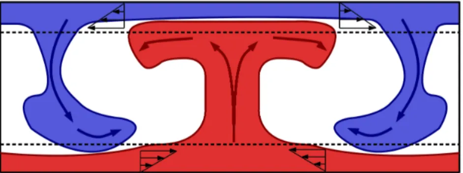 Figure 1.3: Sketch of turbulent Rayleigh-B´ enard convection: hot (red) and cold (blue) plumes detach from the thermal boundary layers, move into the bulk and give life to a large scale circulation