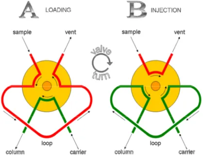 Figure  4.11  Schema  della  valvola  a  6  vie  per  l’iniezione  nella  colonna  cromatografica:  (A)  fase  di  caricamento; (B) fase di iniezione