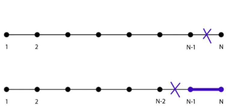 Figure 2.5: The two kinds of dimeric configuration D on L N : with a monomer on N or with a dimer between N and N − 1.