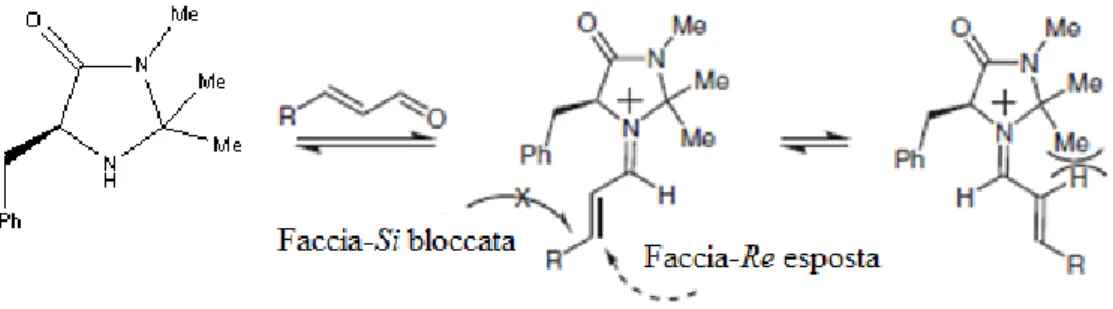 Fig. 6. Formazione dello ione imminio favorita dal co-catalizzatore acido.  Successivamente, il ciclo catalitico (Figura 2) continua con l’attacco di un  nucleofilo al doppio legame C-C dello ione imminio: la velocità della reazione  dipende dalla natura d