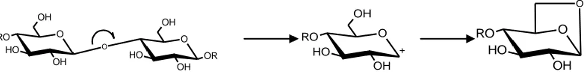 Fig. 1.6: Depolimerizzazione della catena di cellulosa con formazione di levoglucosano