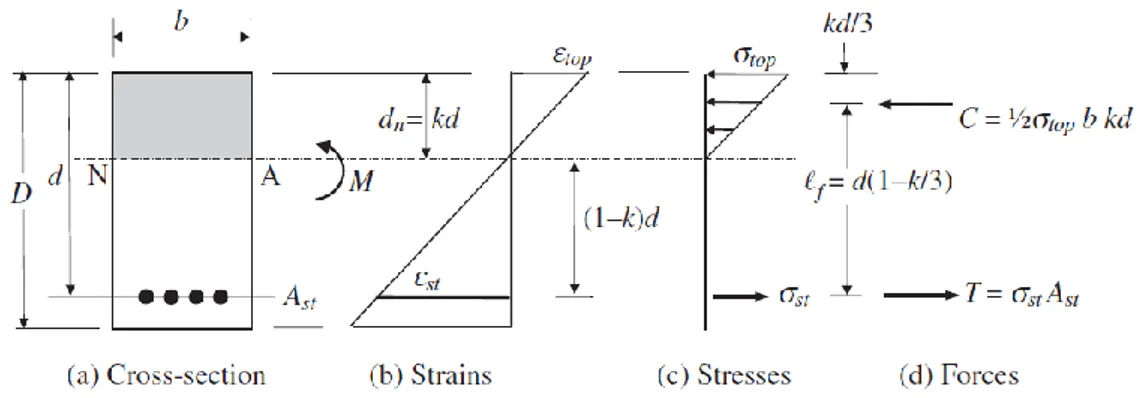 Figure 5.17 – Strains, stresses and forces on a cracked section in bending (15) 