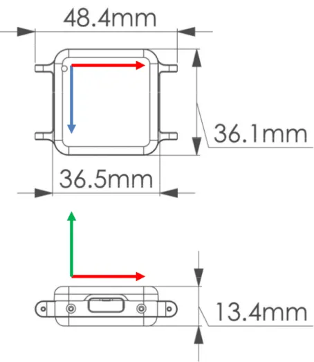 Illustrazione 1: Sensore opal, dimensioni e assi del s.d.r. Blu,  rosso e verde sono rispettivamente x y e z 