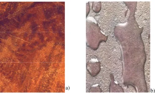 Figure 1.2: due immagini dell’acciaio Cor-Ten a) con patina formata b) grezzo con  deposizione di acqua piovana 