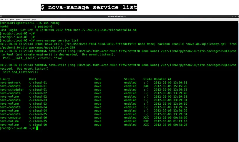 Figura 3.6: Screenshot – Lista di servizi avviati.Comando nova-manage service list 