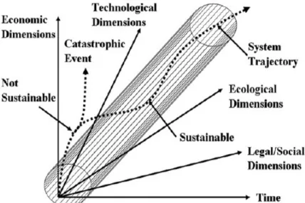 Figura 3: Traiettoria del sistema e posizione del sistema  rispetto i confini multidimensionali della sostenibilità (Mayer,  2007)