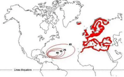 Figura 1.6 Distribuzione di Anguilla anguilla come valutata negli anni 80. Sono indicate l’area di  riproduzione e di dispersione larvale