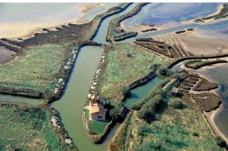 Figura 1.7 Veduta aerea delle Valli di Comacchio con casone da pesca (Foto di L.Bottaro, dal libro 