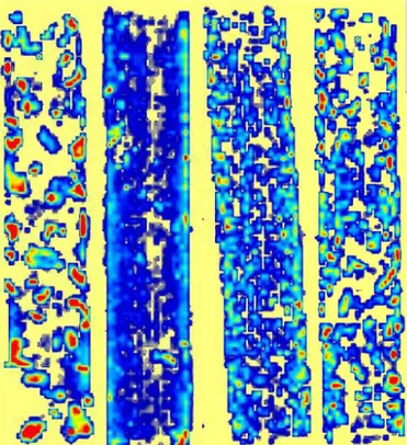 Figure 3.3 Example contact pressure maps for (left to right) chipped HRA,  unchipped HRA, 6mm SMA and 14mm SMA 