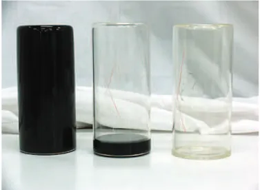 Figure 3.2 RTFOT jars. The bottle at left is after the test,   the bottle in the middle is before the test 