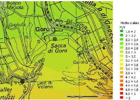 Figura 4.4  Velocità media scalare del vento nel Comune di Goro 