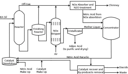Fig. 2.2 Schema di processo semplificato per la produzione di AA tramite ossidazione di KA Oil con Acido  Nitrico 