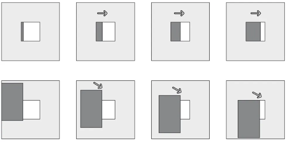 Figura 2.3: Problema di apertura della finestra: (riga sopra) si può determinare solamente un movimento del bordo proveniente da destra, mentre si perde (riga sotto) il rilevamento verso il basso del blocco grigio.
